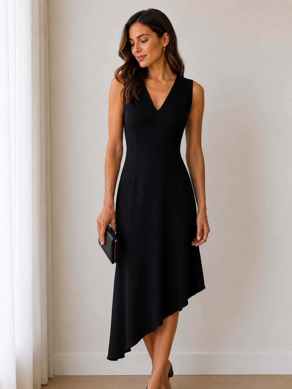 Zara Black V-Neck Sheath Dress Midi Sleeveless